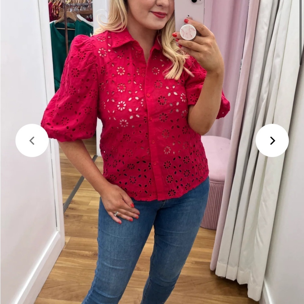 Anna Kay Red Embroidered Eyelet Blouse Button Front Puff Sleeve France Sz L